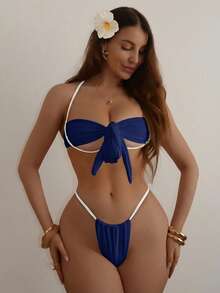Swim SXY New Solid Color Sexy Tie-Up Bikini Swimwear For Women - Blue - View 6