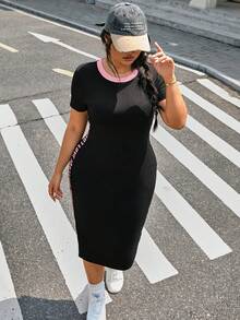 SHEIN EZwear 加大码撞色字母装饰黑色紧身连衣裙，春夏款 - 彩色 - 查看 6