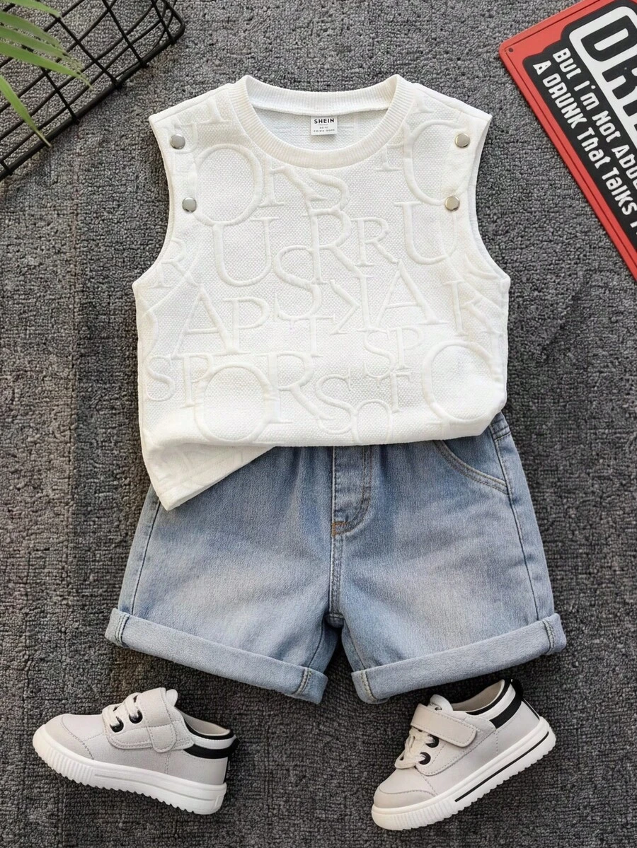 SHEIN 男婴休闲百搭针织字母图案装饰纽扣宽松上衣，夏季 - 彩色 - 查看 1