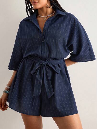 Freevana Bộ áo liền quần nữ cỡ lớn kẻ sọc tay cánh dơi cài nút kiểu dáng thường ngày