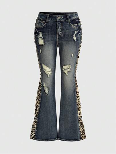 ROMWE Y2K Gyaru Shibuya Midriff Flashing Low Waist Leopard Print Patchwork Vintage Distressed Design Women Jeans