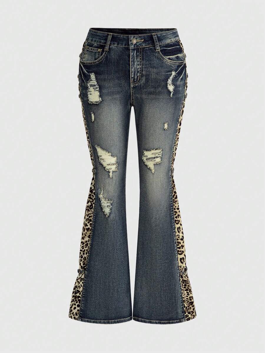 ROMWE Y2K Gyaru Shibuya Midriff Flashing Low Waist Leopard Print Patchwork Vintage Distressed Design Women Jeans - Dark Wash - View 1