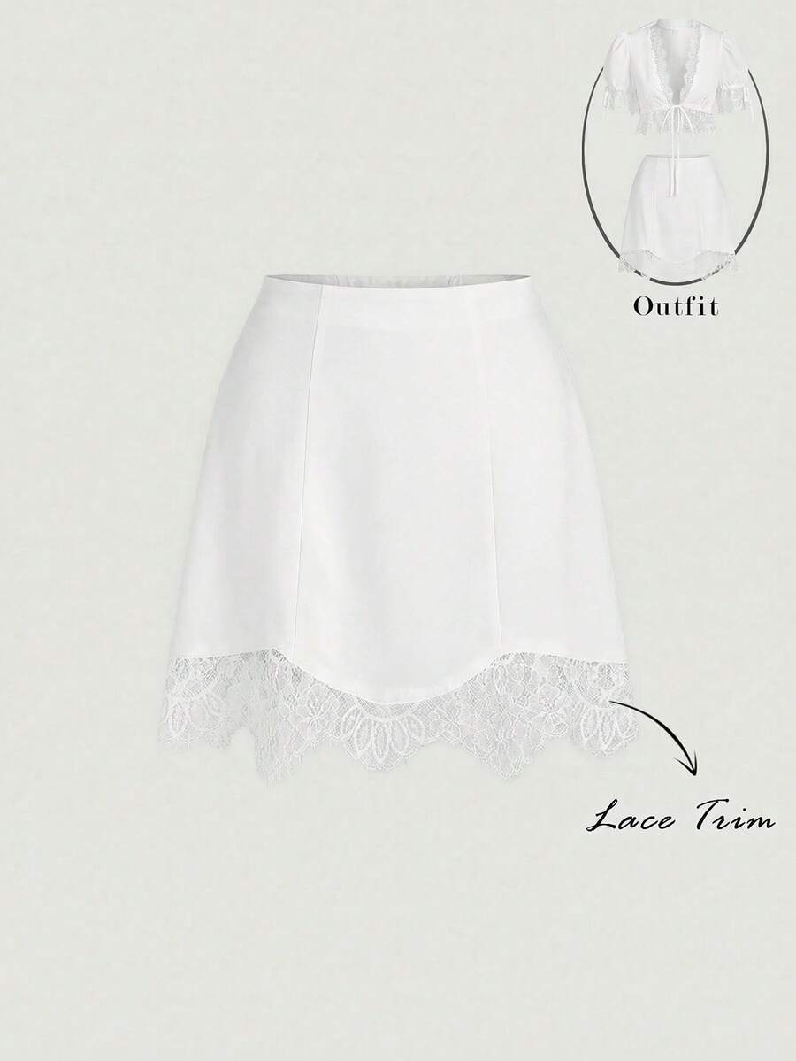 SHEIN MOD Women's Fashion Casual Lace Patchwork Mini Skirt - White - View 1