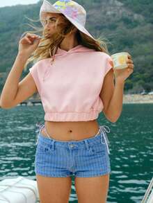 WESTFADE 拼接爱心宽松无袖连帽衫 - 粉色 - 查看 2