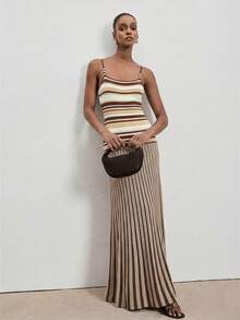 ATUI Studio Đầm dệt kim dây đeo vai đính hạt sọc dành cho nữ - Màu be - Xem 4