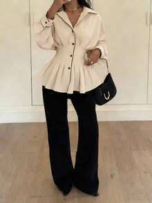 Siren Gaze Áo sơ mi nữ tay dài dáng rộng, cổ xếp ly, thích hợp mặc mùa xuân và hè, kiểu dáng công sở thường ngày; và mùa thu/đông. - Đen và trắng - Xem 2