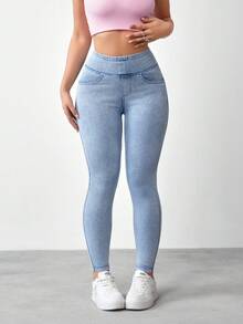 Flexra 女士休闲日常通勤简约百搭弹力腰紧身牛仔裤 - 藍色 - 查看 4