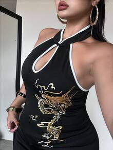 POPSWAY 夏季新款复古性感吊带背心，中国风修身大码女装 - 黑與白 - 查看 3