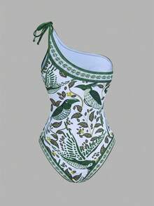 Swim Oasis Bộ đồ bơi liền thân và váy quấn nữ Xuân/Hè 2026 SS thanh lịch, lãng mạn phong cách BOHO, họa tiết lá nhiệt đới, hoa lá, phong cảnh, bất đối xứng vai, dây đeo nơ điều chỉnh được, thích hợp cho bãi biển, kỳ nghỉ, tiệc trà chiều, dã ngoại, tiệc tùng, mặc hàng ngày, hoạt động ngoài trời, trang phục thời trang. - Màu xanh lá cây đậm - Xem 7