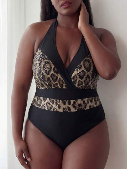 Maweii 大码女式豹纹性感连体比基尼泳衣