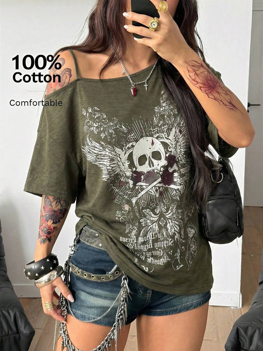 Coolane 女士秋季街头风外出Y2K骷髅图案万圣节服装宽松黑色T恤 - 軍綠色 - 查看 1