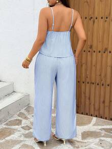 SHEIN PETITE CURVE Plus Size Women's Casual Sleeveless Tie-Up Camisole And Pants Set, Minimalist Design With Slant Pockets And Blue & White Striped Tie-Up - Multicolor - View 2