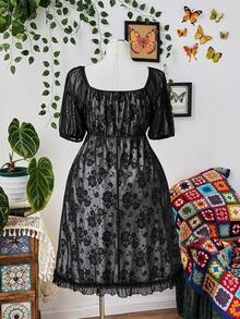 Sunspun Plus Size Women Lace Ruffle Fashion Date Dress, Suitable For Summer - Black - View 2