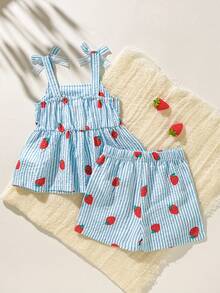 SHEIN Playful Pals 2件套女婴幼儿/新生儿0-3岁休闲日常可爱度假条纹蝴蝶结装饰吊带背心+短裤套装，春夏款 - 藍色 - 查看 2