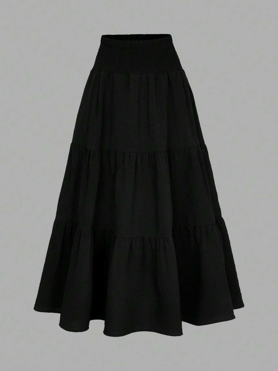 Girlism Falda larga bohemia blanca con volantes para adolescentes, cintura de bolsa de papel con volantes y dobladillo con volantes - Negro - Ver 1