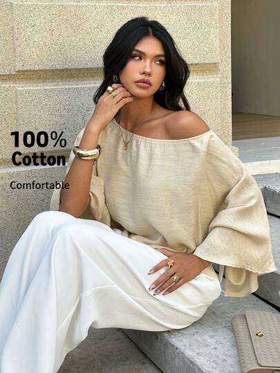 Aloruh Áo kiểu dáng thường ngày thanh lịch, thoải mái, chất liệu vải lanh, vạt bất đối xứng, trễ vai, màu lanh, thích hợp cho mùa xuân/hè.