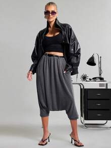 SHEIN Haute Women's Sexy Casual Drop Crotch Harem Knit Pants - Grey - View 1