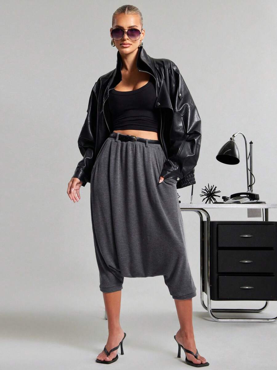 SHEIN Haute Women's Sexy Casual Drop Crotch Harem Knit Pants - Grey - View 1