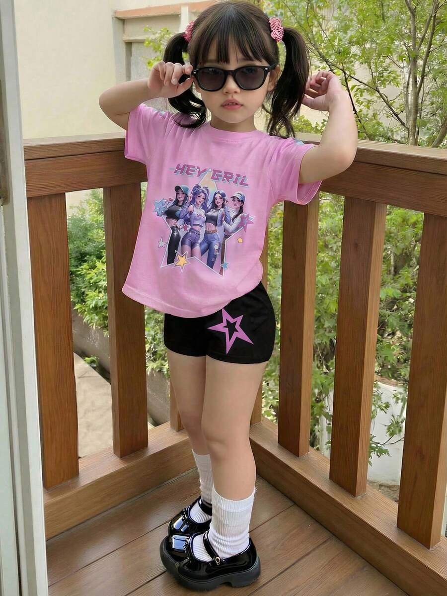 SHEIN Cute Young Girls Multicolor Graphic Print Drop Shoulder Short Sleeve Tee And Bermuda Shorts Set - Multicolor - View 1