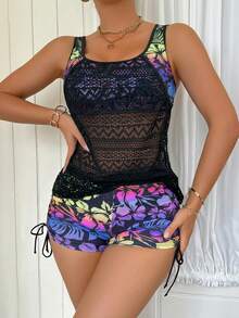 Swim Lushoire 女士沙滩装彩虹热带图案夏季套装，音乐节波西米亚风派对泳装 Lushore Tankini 两件套 - 紫色 - 查看 4