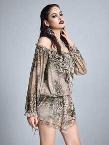 ROMWE Goth Retro Vacation Beach Bubble Print Off-Shoulder Mesh Mini Skirt - Multicolor - View 4