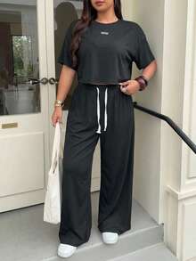 Muchica Plus Size Summer Casual T-Shirt And Pants 2 Pieces Set - Black - View 3