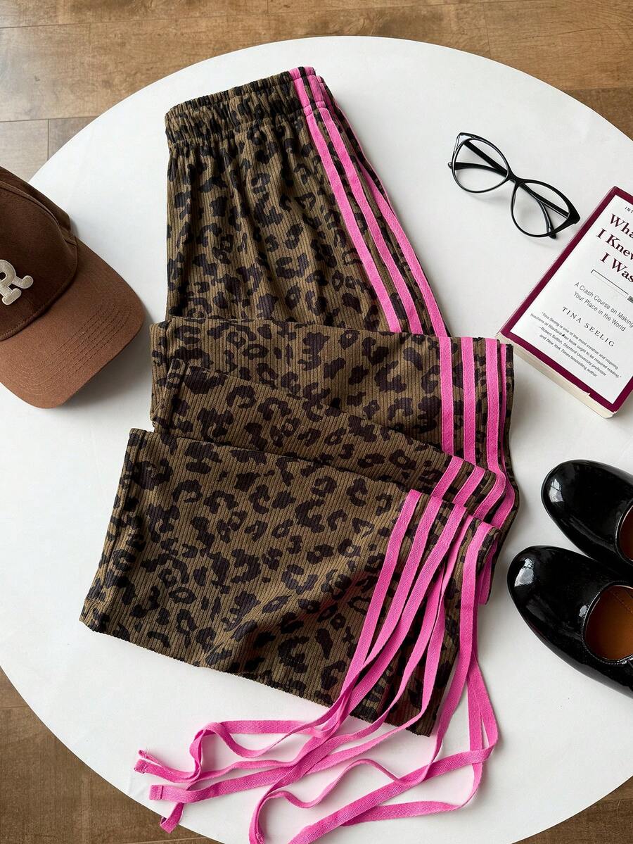 SHEIN EZwear Pantalones de mujer tejidos acanalados con estampado de leopardo marrón - Marrón - Ver 1