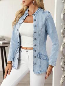 EMERY ROSE Áo khoác denim dài tay nữ, cài một hàng cúc, kiểu dáng thường ngày, đa năng. - Màu xanh lam - Xem 7