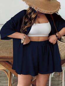 SHEIN VCAY Casual Minimalist Vintage Leaf Pattern Loose Plus Size 2 Pieces Set, Suitable For Summer - Navy Blue - View 1