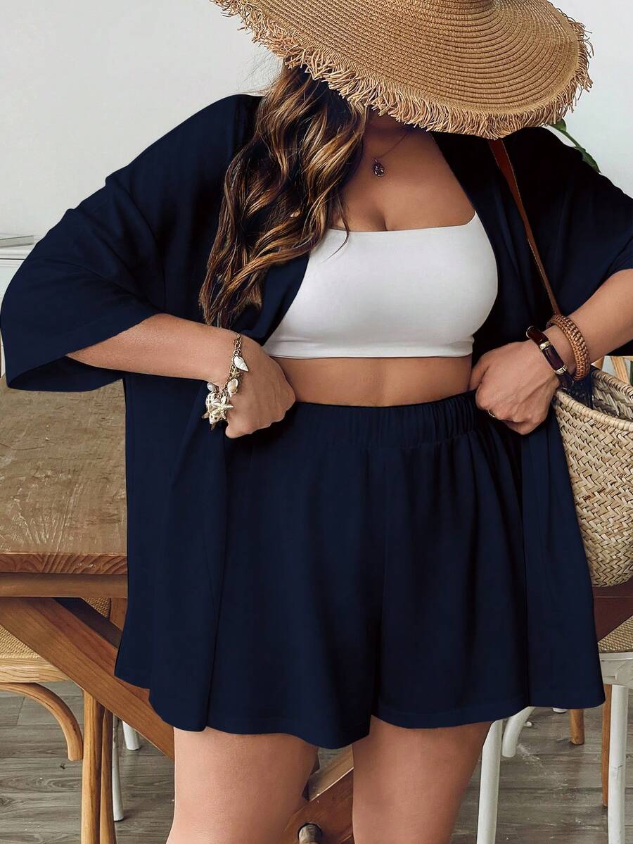 SHEIN VCAY Casual Minimalist Vintage Leaf Pattern Loose Plus Size 2 Pieces Set, Suitable For Summer - Navy Blue - View 1