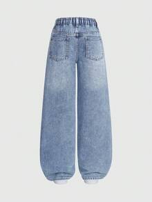 SHEIN Denimly 新款春夏少女宽松浅蓝色阔腿牛仔裤，柔软的牛仔面料如云朵般轻盈，心形刺绣细节更添精致，弹性腰带设计穿着舒适，适合校园、街头、约会、户外活动和日常穿着。 - 中等水洗藍 - 查看 2