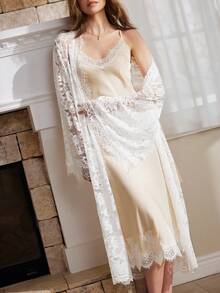 女士优雅撞色蕾丝吊带连衣裙和开衫睡衣套装，夏季 - 香檳色 - 查看 1