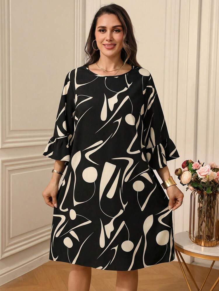 Plus Size Women's Summer Casual Vacation Black Geometric Print Round Neck 3/4 Sleeve Dress, Spring/Summer,Summer Holiday,Vacation Outfits Women ,Holiday Outfits For Women,Going Out Outfits,2026 New Clothes,Simple And Fashionable For Everyday Wear,Suitable For Summer, Vacation, Commute, Daily Wear, Print Dresses For Women, Elegant Dress