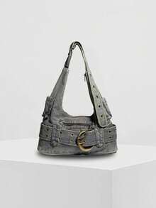 ROMWE Grunge Punk 1个银灰色水洗牛仔布腋下包，多功能休闲斜挎包，Y2K复古通勤信使包，机车包，适合日常、休闲、旅行、外出、购物、上学、通勤，可搭配牛仔裤、T恤、连帽衫、皮夹克 - 灰色 - 查看 1
