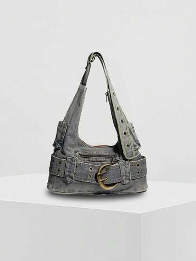 ROMWE Grunge Punk 1 chiếc túi đeo chéo dưới cánh tay bằng vải denim màu xám bạc, kiểu dáng thường ngày đa năng, túi đeo vai phong cách retro Y2K, túi dành cho người đi xe máy, phù hợp cho sử dụng hàng ngày, đi chơi, du lịch, dạo phố, mua sắm, đi học, đi làm, phối cùng quần jeans, áo thun, áo hoodie, áo khoác da.