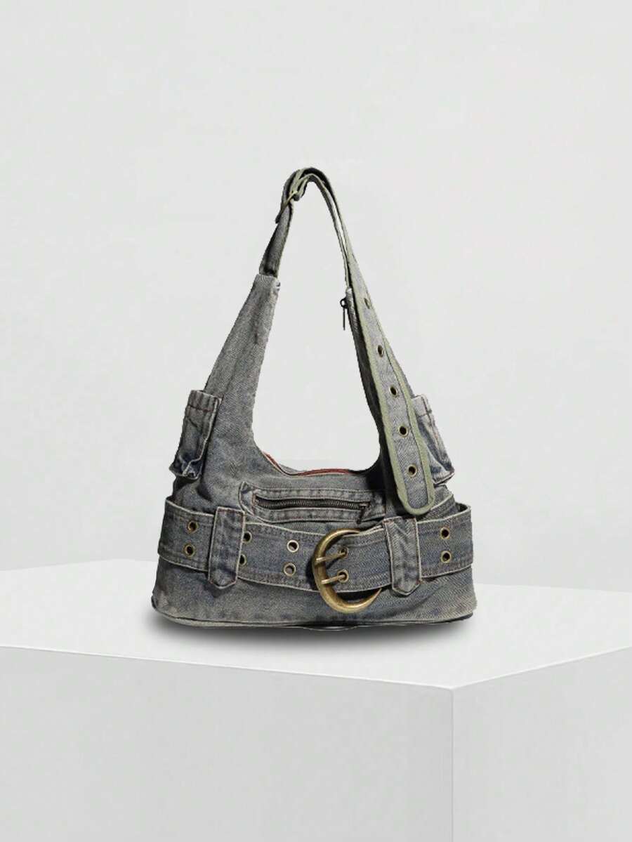 ROMWE Grunge Punk 1个银灰色水洗牛仔布腋下包，多功能休闲斜挎包，Y2K复古通勤信使包，机车包，适合日常、休闲、旅行、外出、购物、上学、通勤，可搭配牛仔裤、T恤、连帽衫、皮夹克 - 灰色 - 查看 1