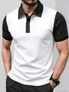 Manfinity Homme Men's Contrast Stripe Print Button Casual Short Sleeve Polo Shirt, Summer - White - View 1