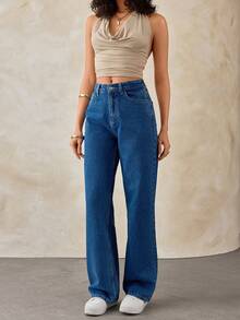 EURMUSE 女式高腰直筒牛仔裤 浅蓝色 - 中等水洗藍 - 查看 1