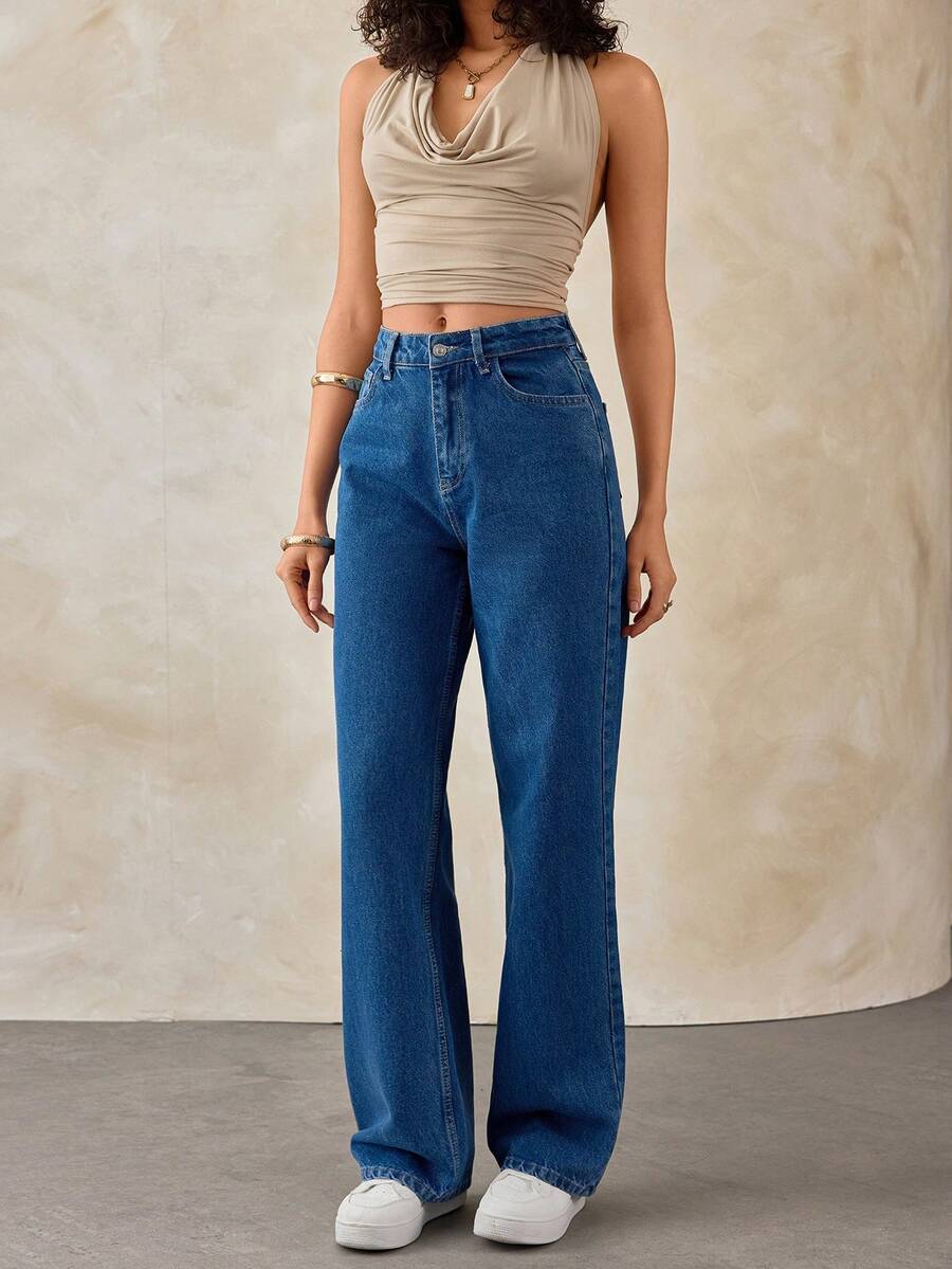 EURMUSE 女式高腰直筒牛仔裤 浅蓝色 - 中等水洗藍 - 查看 1