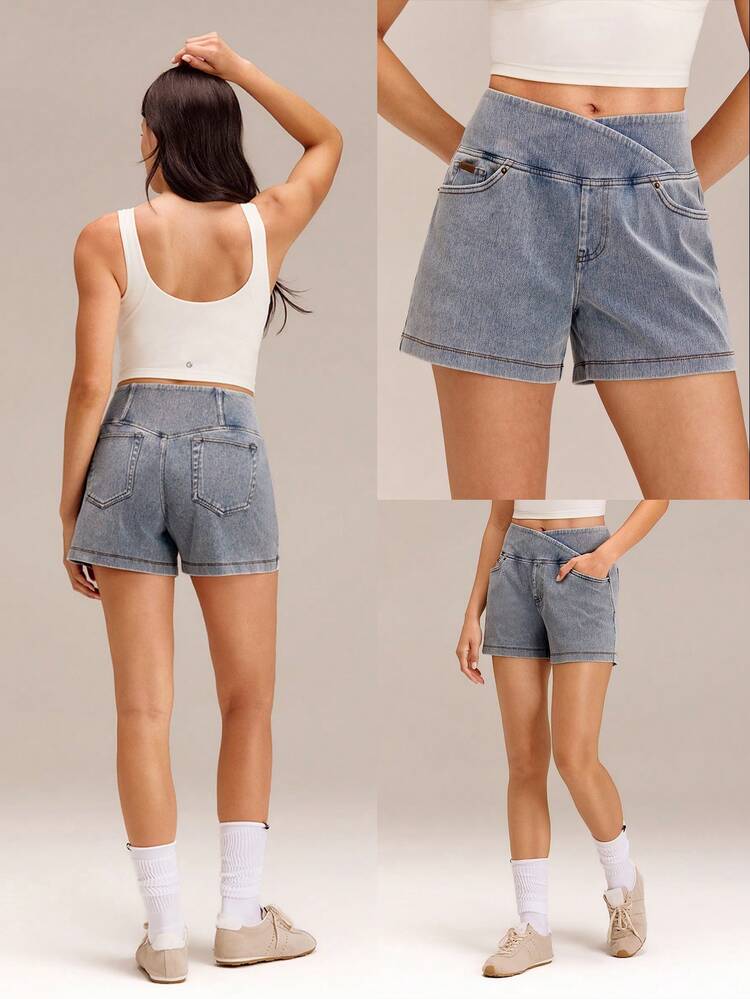 4" Luxe PimaSoft Confident Strides Breathable Denim Wash Crossover Waist Butt-Lifting Seam Shorts Daily Casual Summer Wear