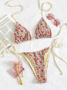 Swim Mod Biquíni de duas peças com estampa floral e listras em contraste, perfeito para férias de primavera/verão na praia, em estilo campestre francês. - Multicolorido - Ver 6