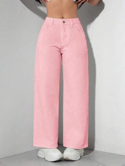 SHEIN PETITE Quần jean ống đứng màu hồng tối giản dành cho nữ, thích hợp mặc hàng ngày.