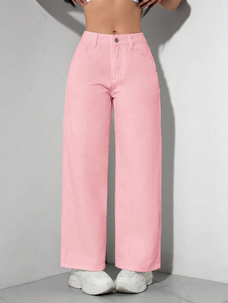 SHEIN PETITE 女款極簡日常粉色牛仔直筒長褲,小碼女款 - 粉色 - 查看 1