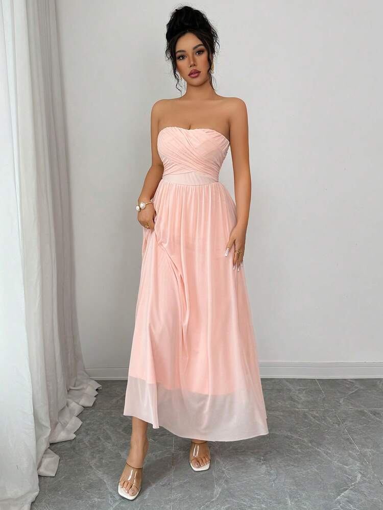 SHEIN Raffinéa Elegant & Fashionable Convertible Party Dress, Strapless, One-Shoulder, Shawl Collar, Long Dress For Women, Pink Zanea Dress For Woman Prom Dresses For Women Bridesmaid Gown For Wedding Online Bridesmaid Dress Stores Reception Dress For Women Maxi Dress Elegant Dress Wrap Dress Summer Dresses For Women - Dusty Pink - View 8