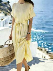 Breezaya 2026 New Arrival Striped Maxi Dress - Crew Neck Short Sleeve Drop Shoulder Loose Fit With Belted Bow Detail Asymmetric Hem, Casual Office Minimalist Vacation Style, Dopamine Color, Ice Blue, Effortless Chic, Stripe 2026 Summer Dress Women Yellow Striped Dress Women Resort Wear Women Vacation Dress Vacation Dress Yellow Summer Dress Women - Light Yellow - View 3