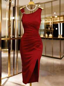 SHEIN Franclia 女士长腰褶皱肩带纯色开衩连衣裙 - 紅色 - 查看 1