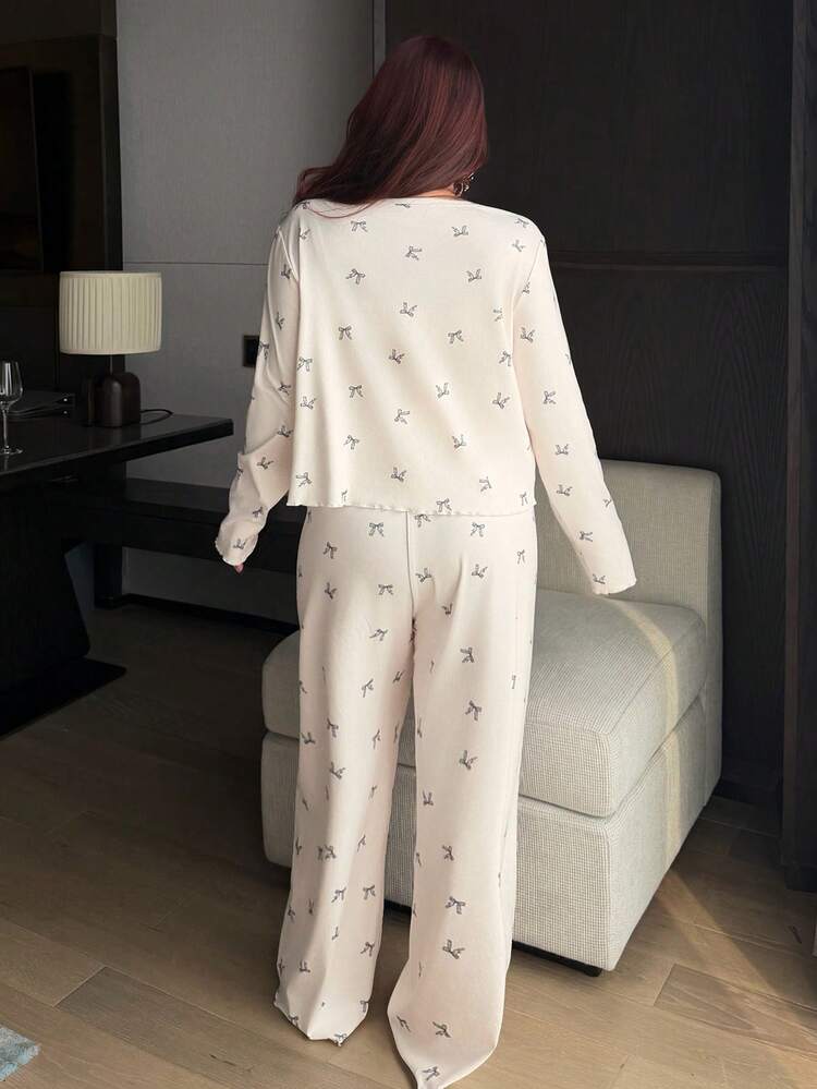 Dazy Plus 3pcs Bow Allover Print Pajama Set, Including Cardigan, Camisole And Pants, Plus Size Women Spring/Summer Sleepwear