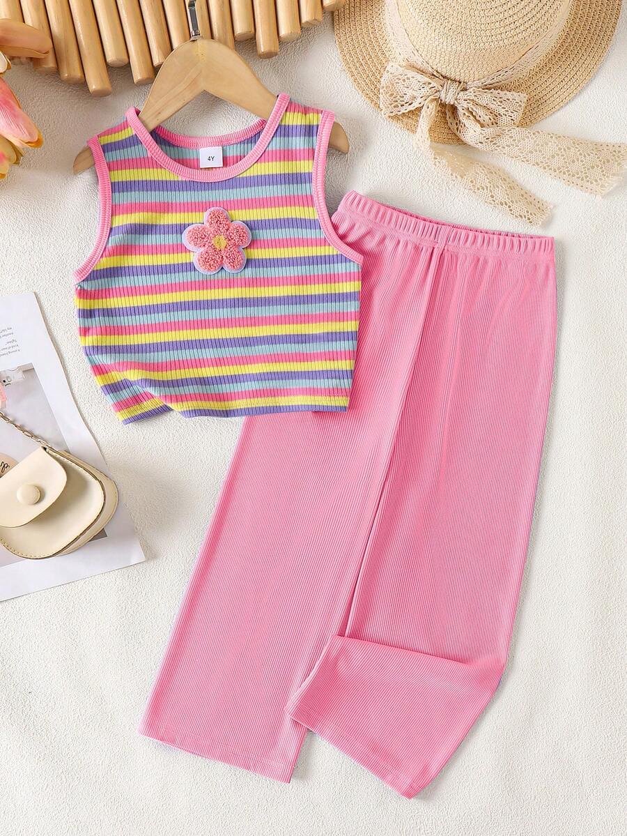 Genkimix Kids Bộ 2 món cho bé gái (size nhỏ) gồm áo/áo ba lỗ dệt kim cầu vồng và quần ống rộng, trang phục mùa hè thoải mái cho trẻ em mặc hàng ngày. - Hồng - Xem 1