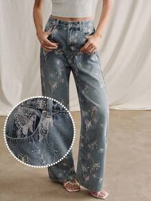 Anewsta Women's Casual Butterfly Embroidered Loose Slimming Slant Pocket Jeans - Blue - View 2