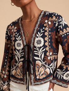 Travachic Woven Printed Long Sleeve Cropped Loose Blouse For Women,Summer Top - Black - View 5